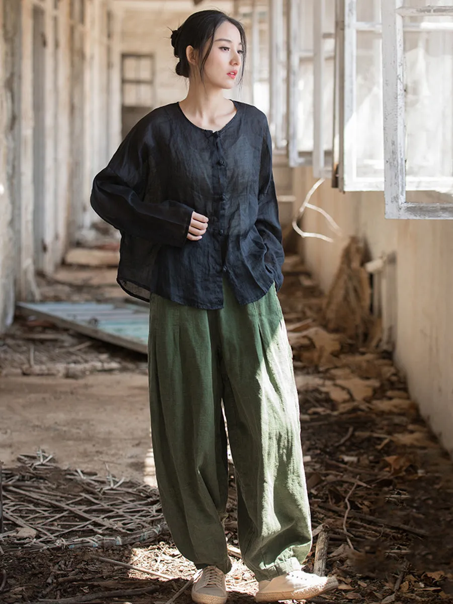 Women Summer Artsy Solid Ramie Button-Up Shirt