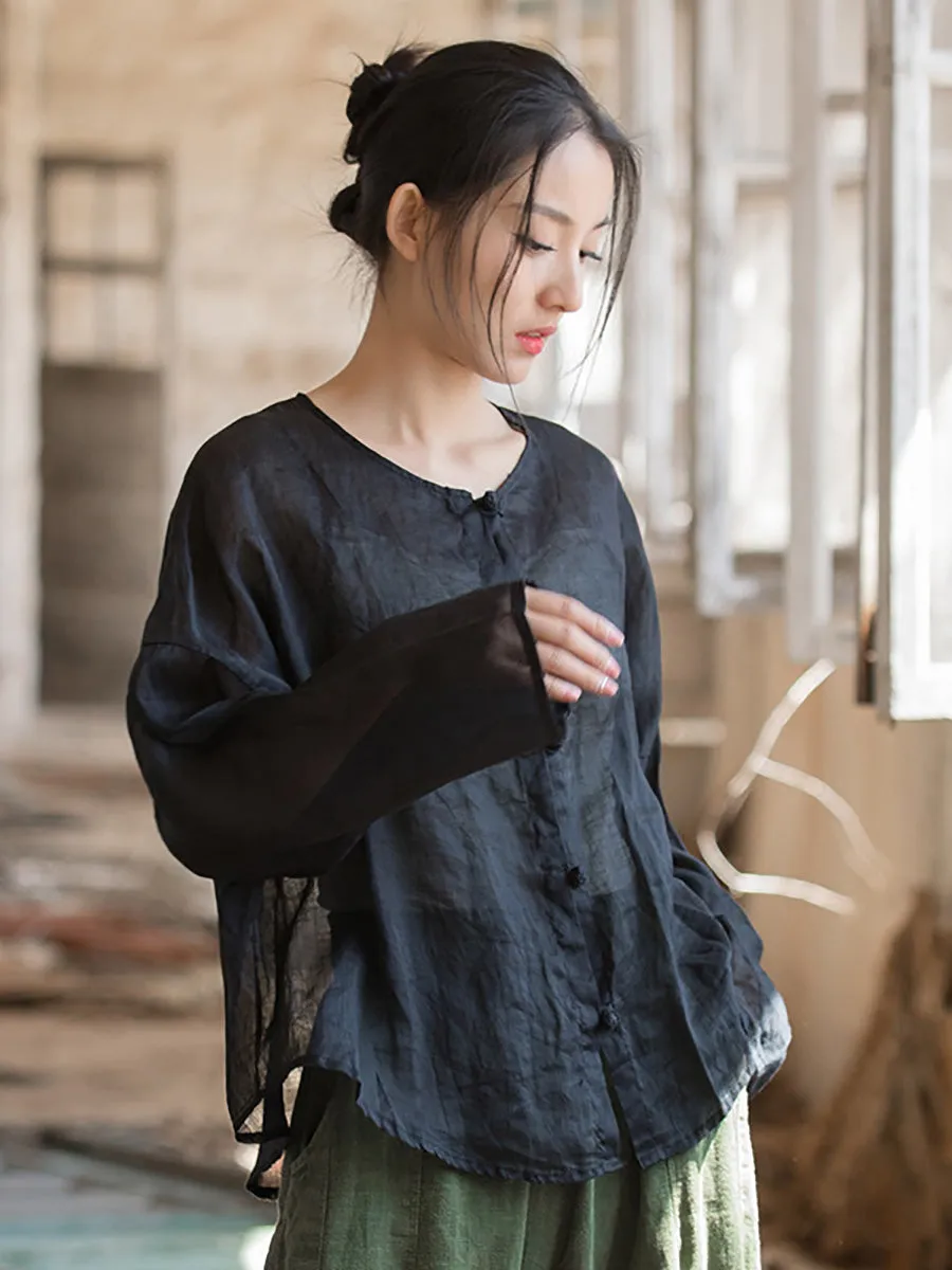 Women Summer Artsy Solid Ramie Button-Up Shirt