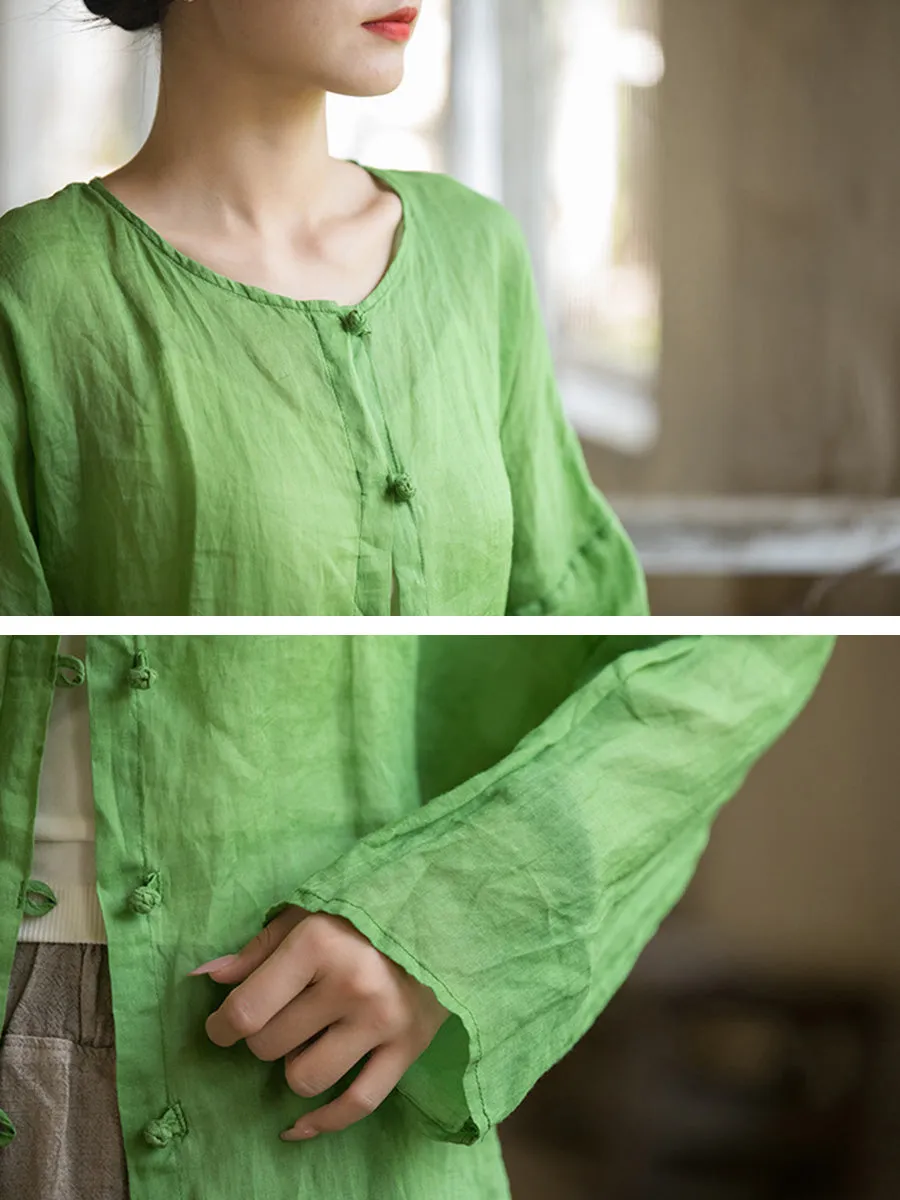 Women Summer Artsy Solid Ramie Button-Up Shirt