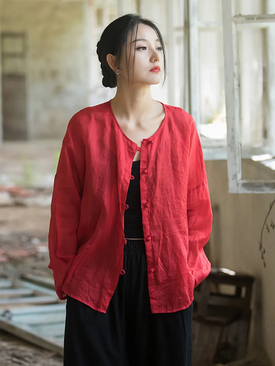 Women Summer Artsy Solid Ramie Button-Up Shirt