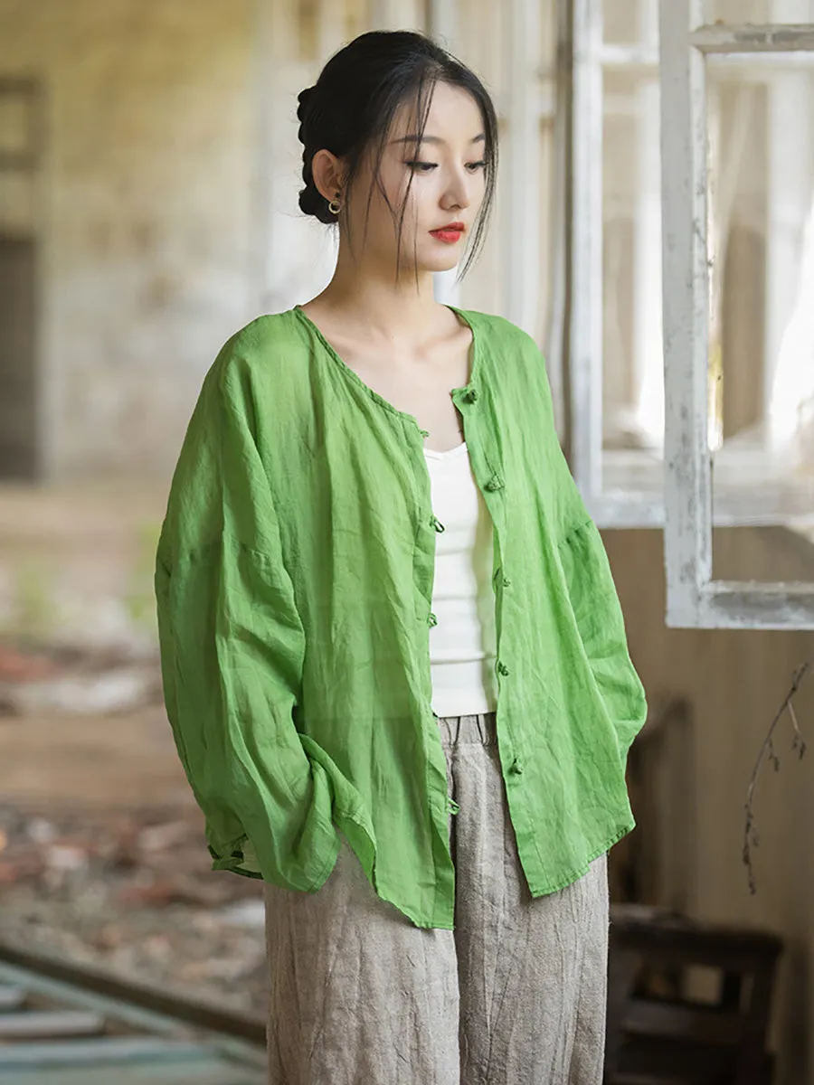 Women Summer Artsy Solid Ramie Button-Up Shirt