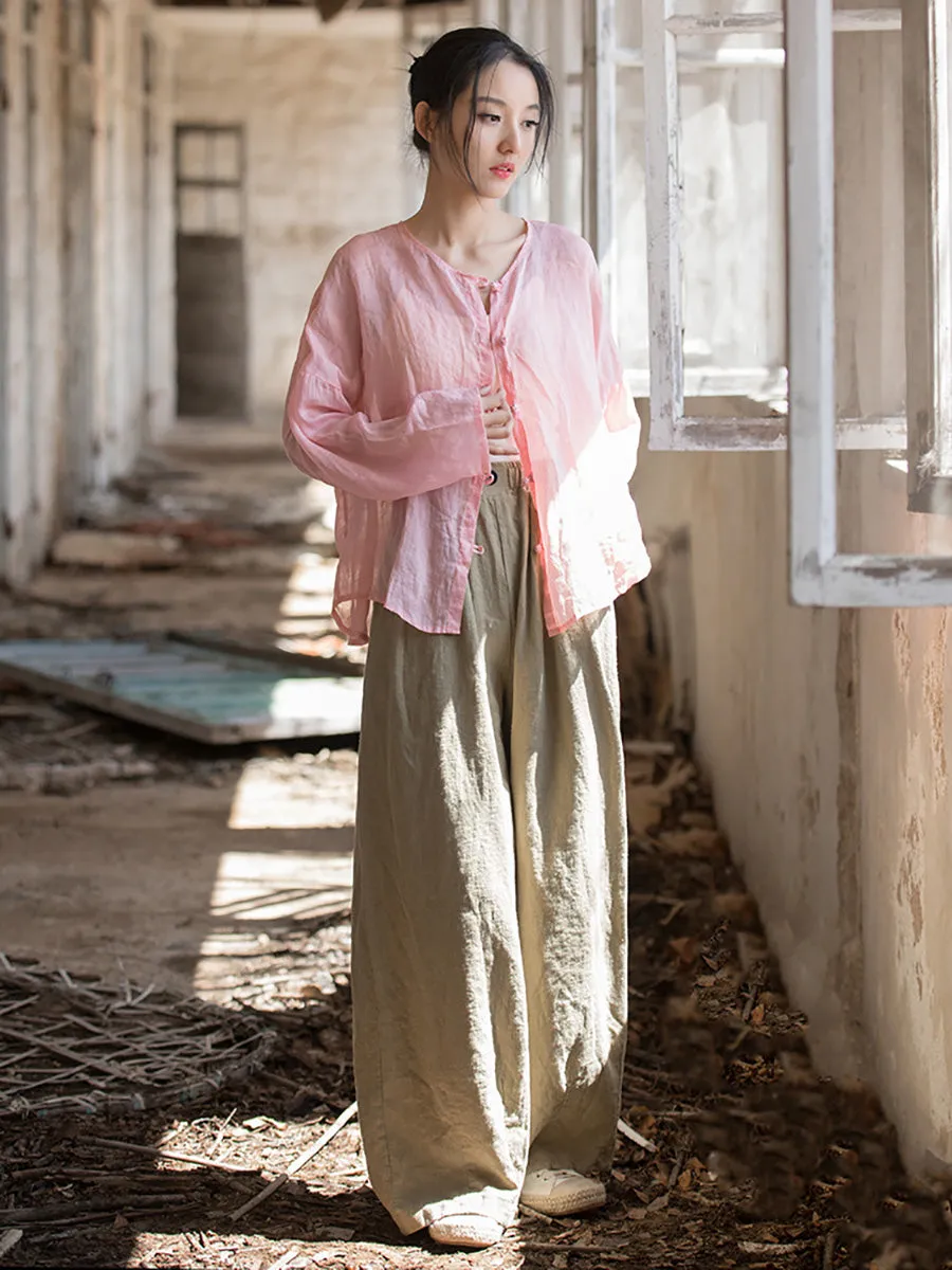Women Summer Artsy Solid Ramie Button-Up Shirt