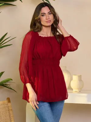WOMEN'S 3/4 SLEEVE SMOCK WAIST PEPLUM BLOUSE TOP