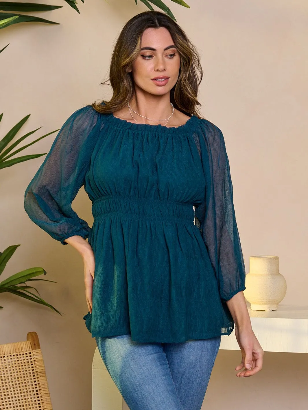 WOMEN'S 3/4 SLEEVE SMOCK WAIST PEPLUM BLOUSE TOP