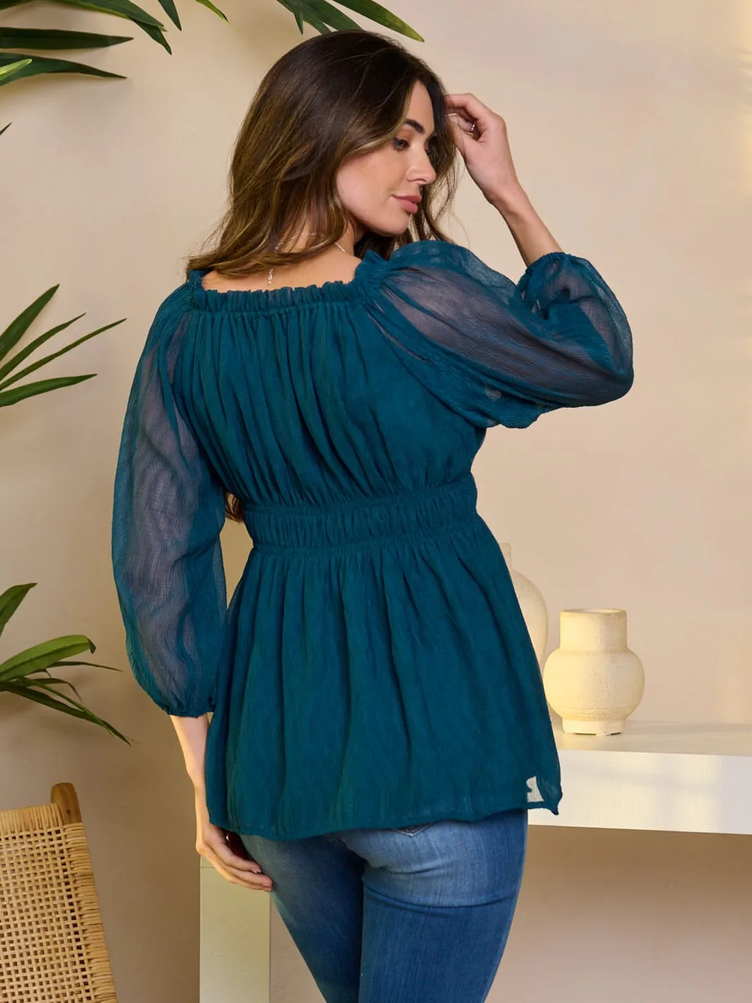 WOMEN'S 3/4 SLEEVE SMOCK WAIST PEPLUM BLOUSE TOP