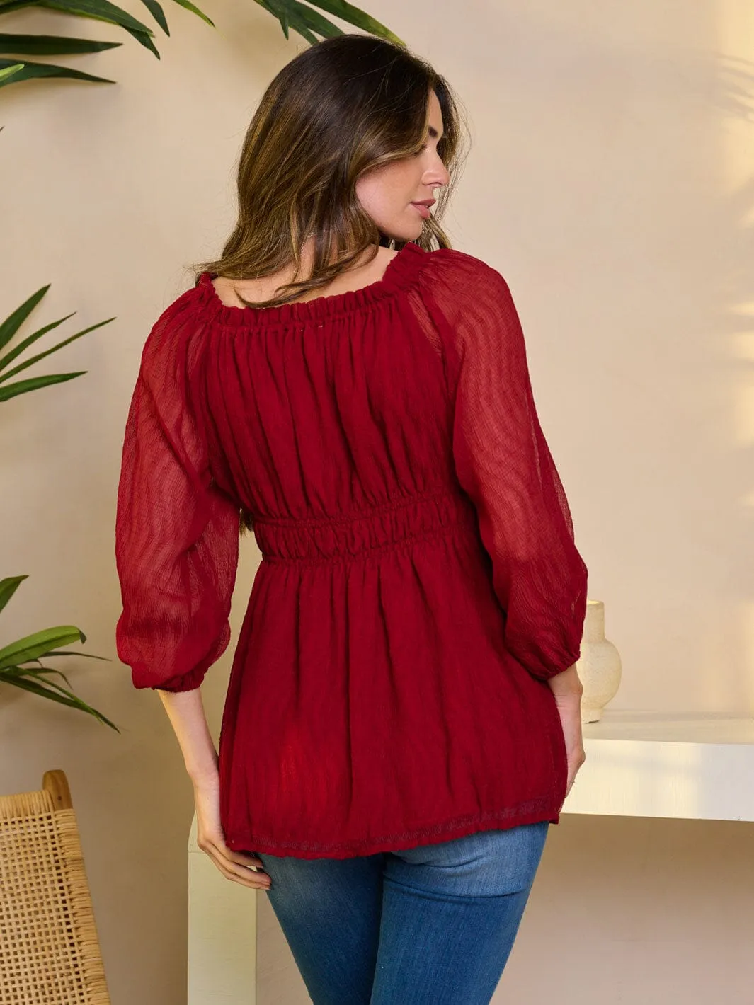 WOMEN'S 3/4 SLEEVE SMOCK WAIST PEPLUM BLOUSE TOP