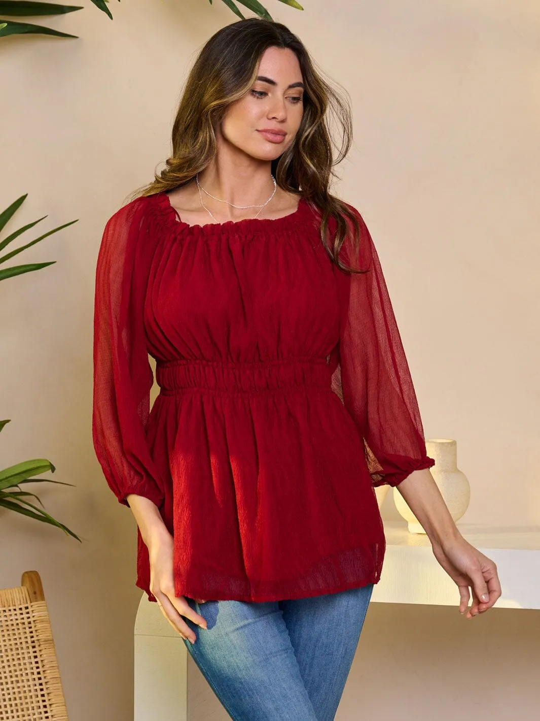 WOMEN'S 3/4 SLEEVE SMOCK WAIST PEPLUM BLOUSE TOP
