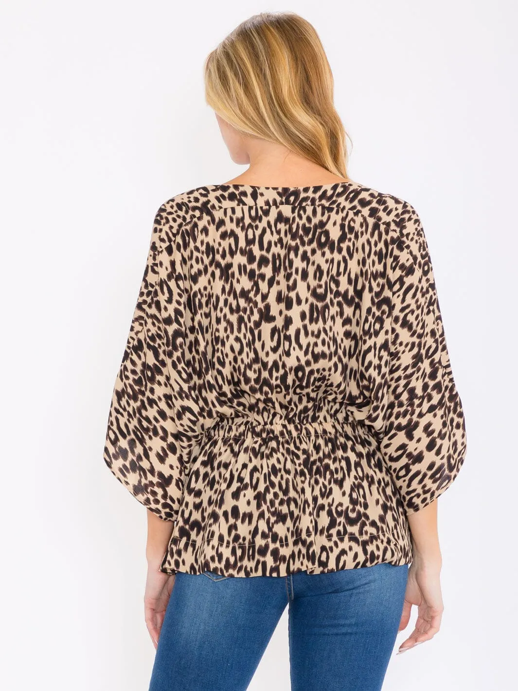 WOMEN'S 3/4 SLEEVES SURPLICE ELASTIC WAIST ANIMAL PRINT PEPLUM BLOUSE