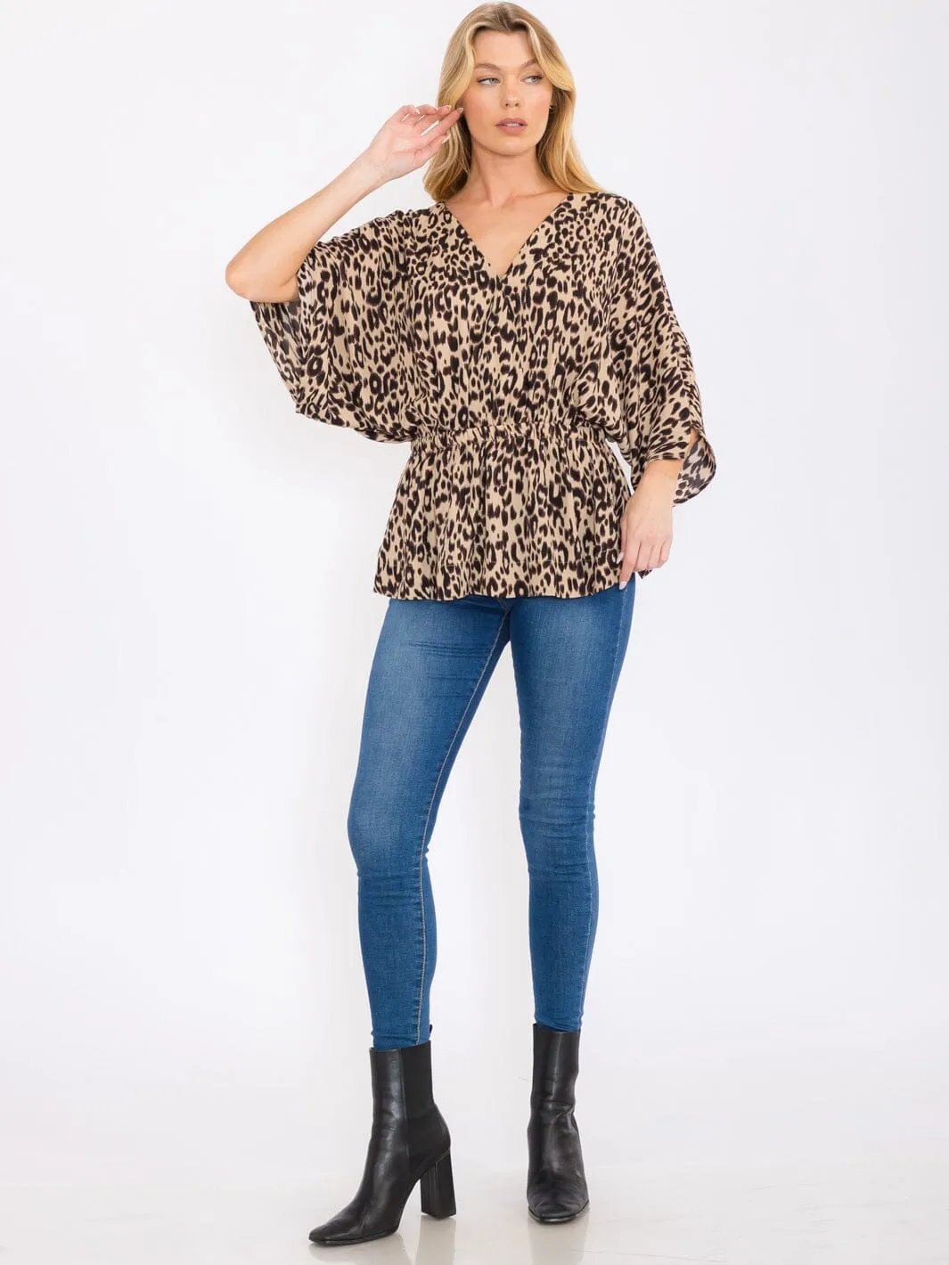 WOMEN'S 3/4 SLEEVES SURPLICE ELASTIC WAIST ANIMAL PRINT PEPLUM BLOUSE