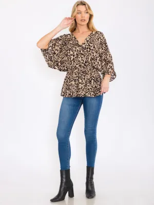 WOMEN'S 3/4 SLEEVES SURPLICE ELASTIC WAIST ANIMAL PRINT PEPLUM BLOUSE