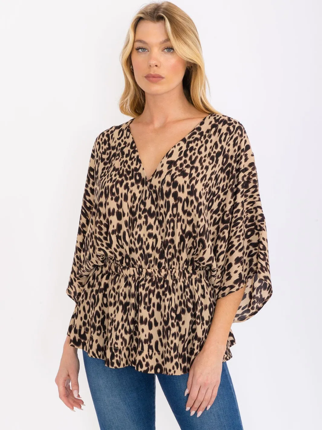 WOMEN'S 3/4 SLEEVES SURPLICE ELASTIC WAIST ANIMAL PRINT PEPLUM BLOUSE
