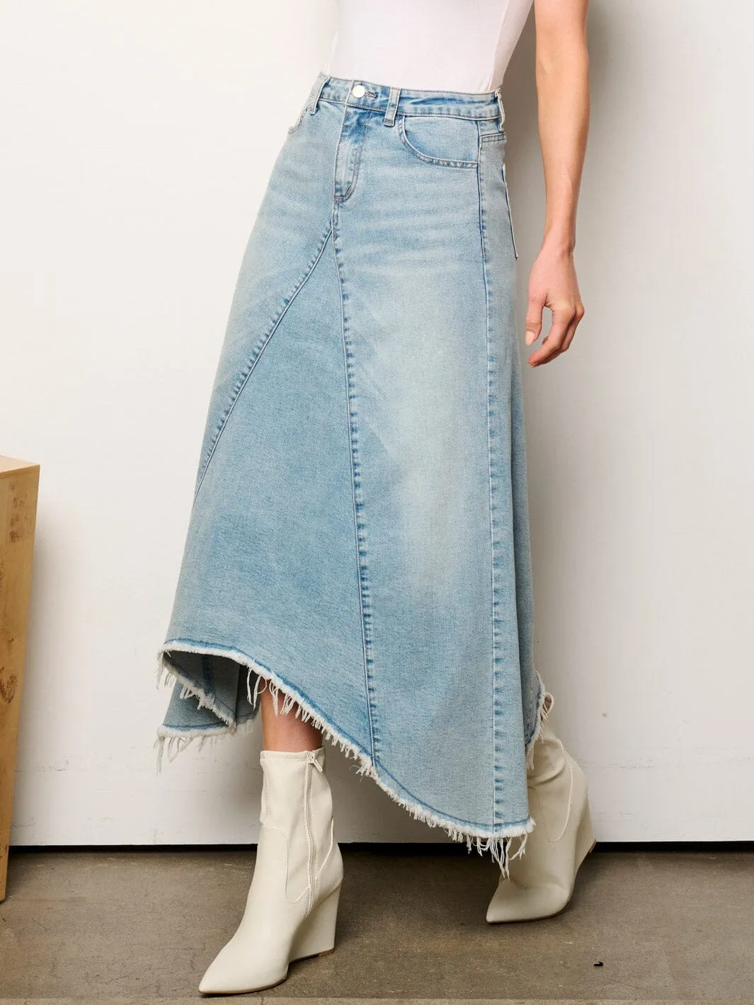 WOMEN'S BUTTON CLOSURE POCKETS DENIM MAXI SKIRT