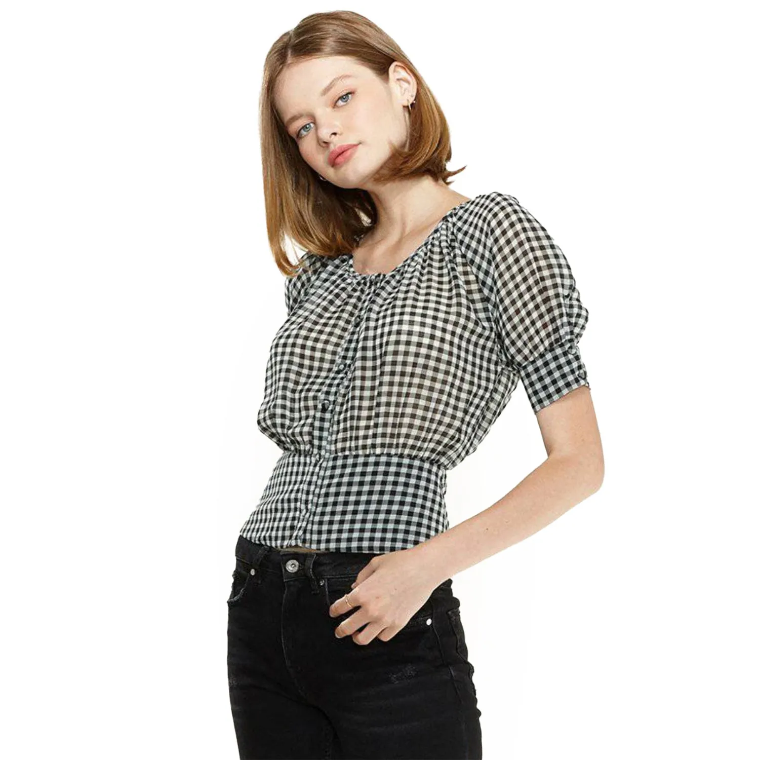 Women's Button Down Peplum Cropped Blouse in Black