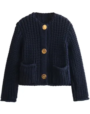 Women's Cropped Button Down Cardigans Chunky Knit Long Sleeve Sweaters Coat Outwear with Pockets