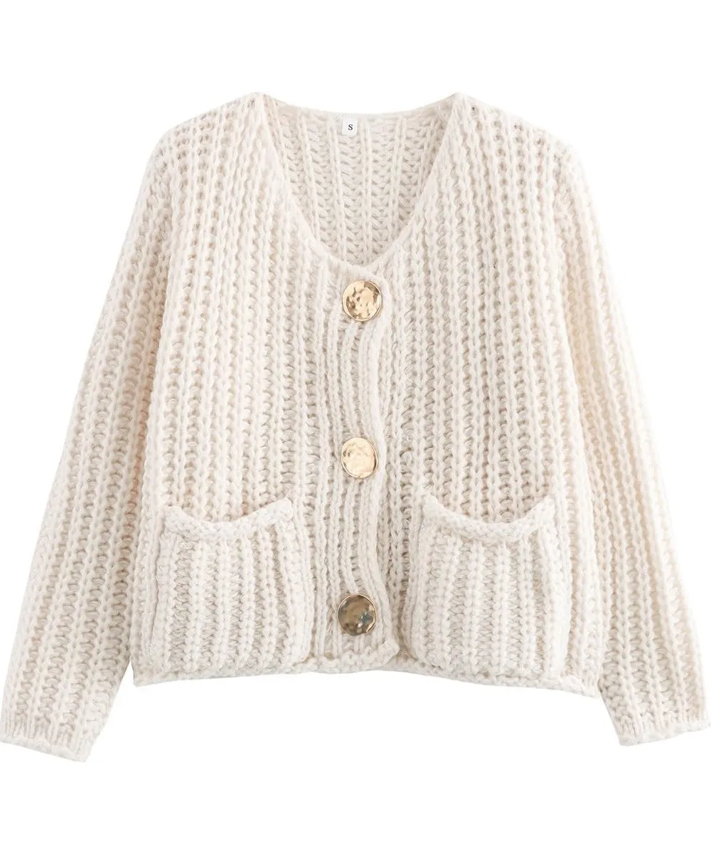 Women's Cropped Button Down Cardigans Chunky Knit Long Sleeve Sweaters Coat Outwear with Pockets