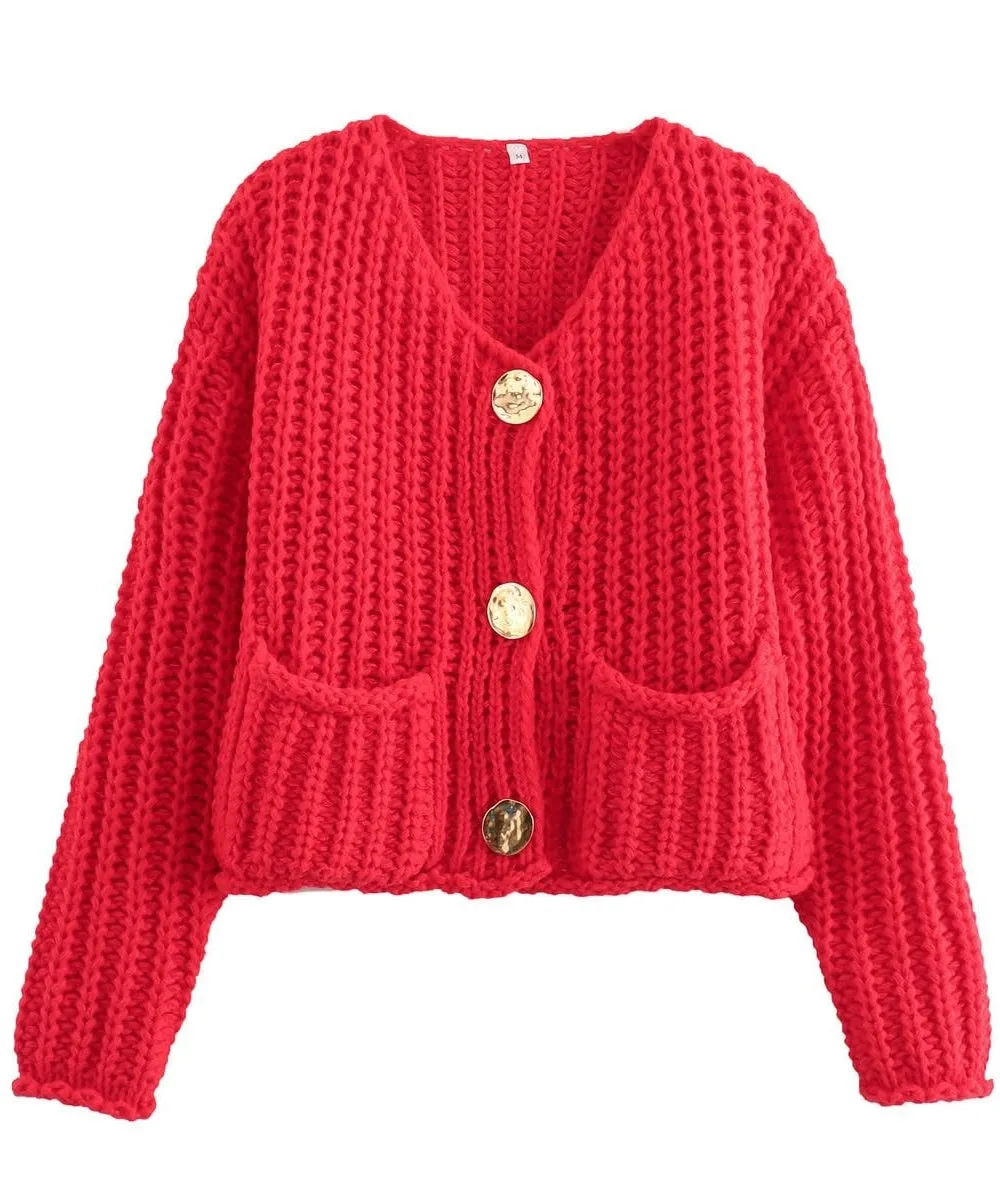 Women's Cropped Button Down Cardigans Chunky Knit Long Sleeve Sweaters Coat Outwear with Pockets