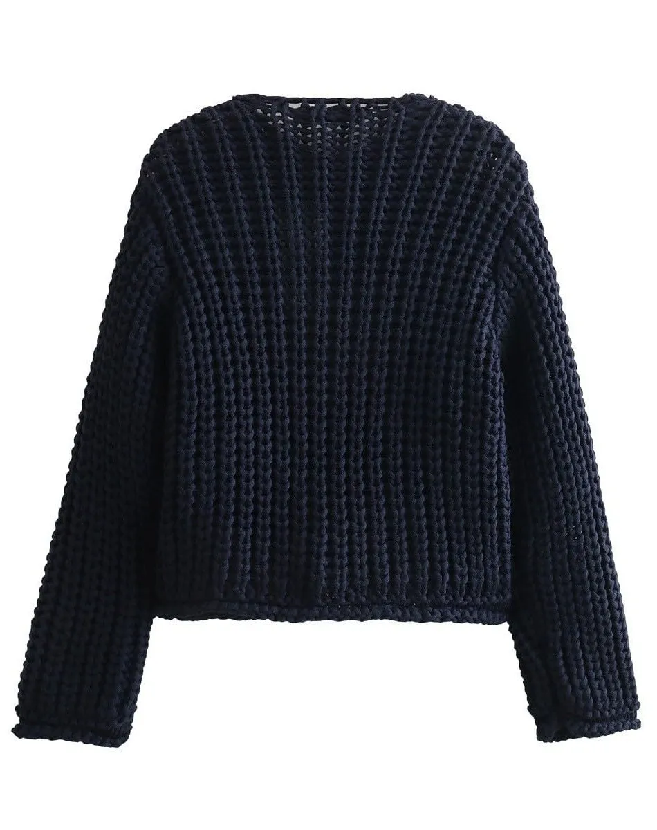 Women's Cropped Button Down Cardigans Chunky Knit Long Sleeve Sweaters Coat Outwear with Pockets