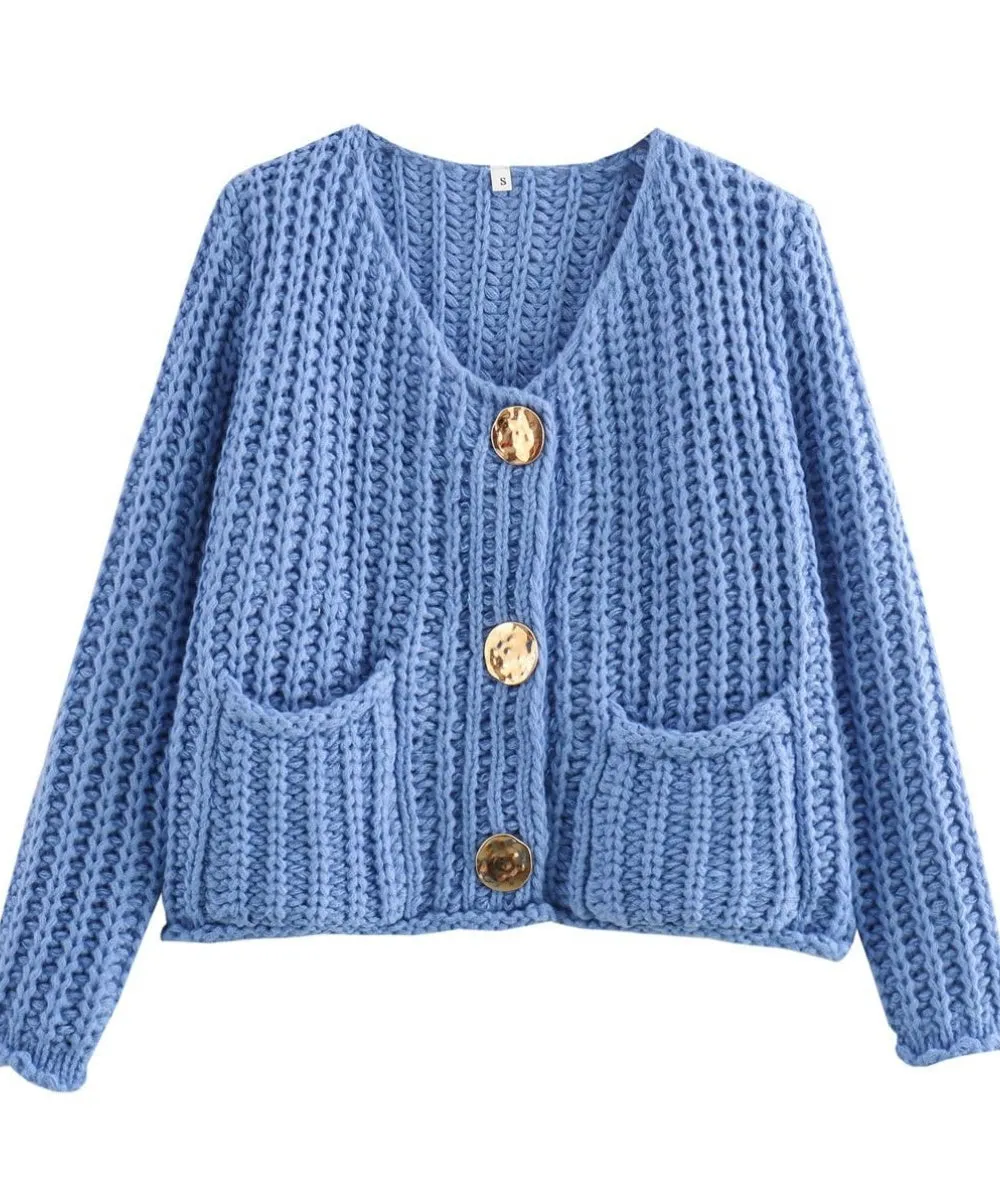 Women's Cropped Button Down Cardigans Chunky Knit Long Sleeve Sweaters Coat Outwear with Pockets