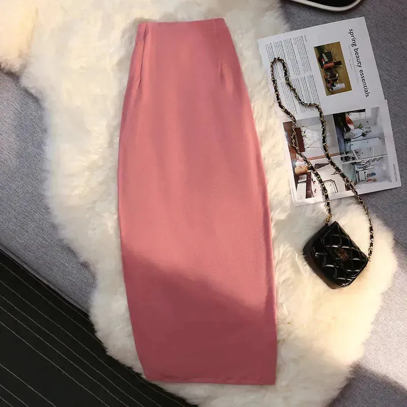 Women's drawstring Side Slit Pleated Hip Midi Skirt