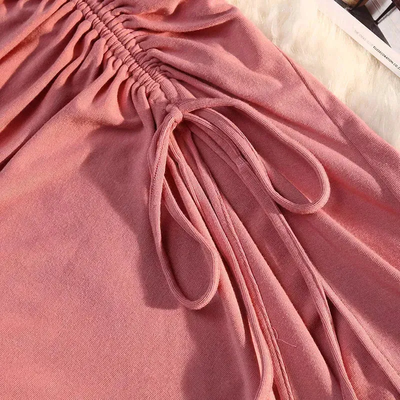 Women's drawstring Side Slit Pleated Hip Midi Skirt