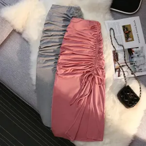 Women's drawstring Side Slit Pleated Hip Midi Skirt