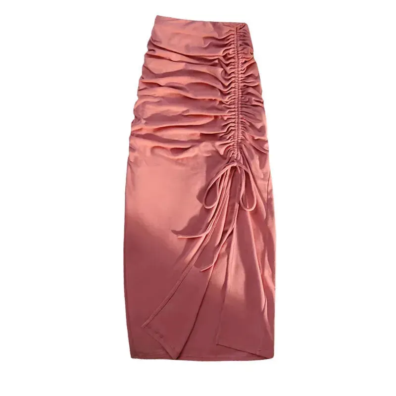 Women's drawstring Side Slit Pleated Hip Midi Skirt