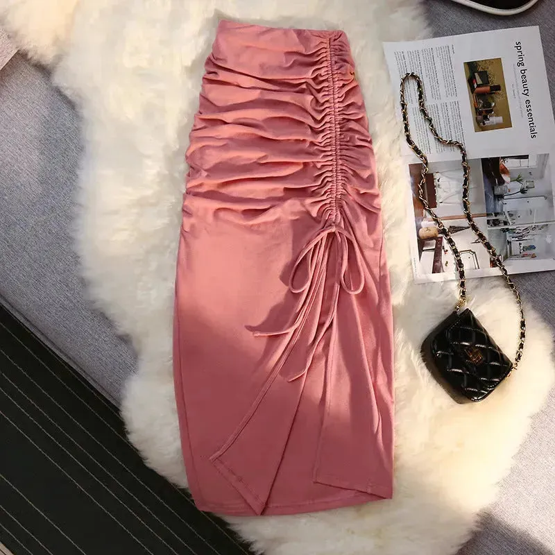 Women's drawstring Side Slit Pleated Hip Midi Skirt