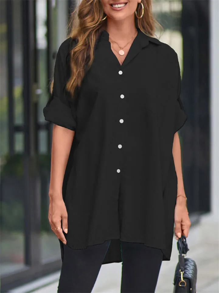 Women's Holiday Roll Up Long Sleeve Button Down Oversized Blouses