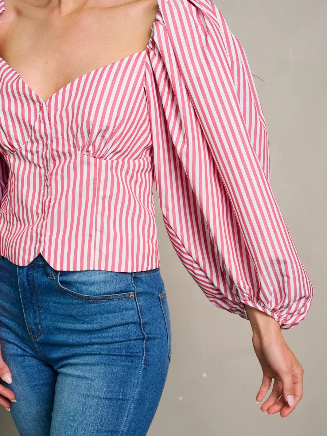 WOMEN'S LONG BALLON SLEEVE BUTTON CLOSURE STRIPES BLOUSE TOP