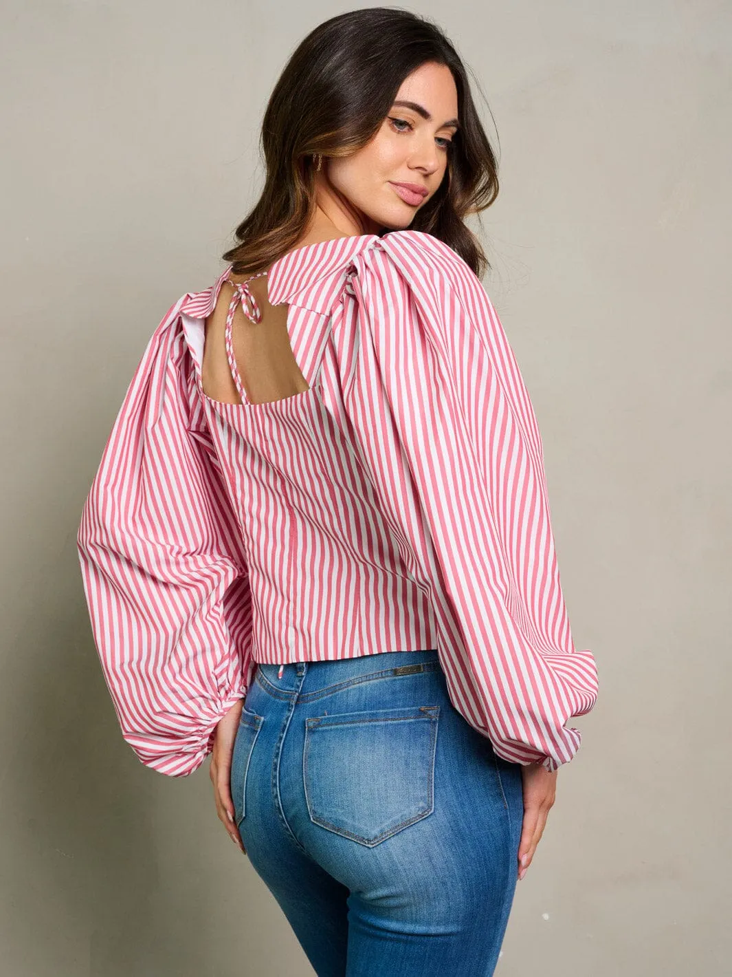 WOMEN'S LONG BALLON SLEEVE BUTTON CLOSURE STRIPES BLOUSE TOP
