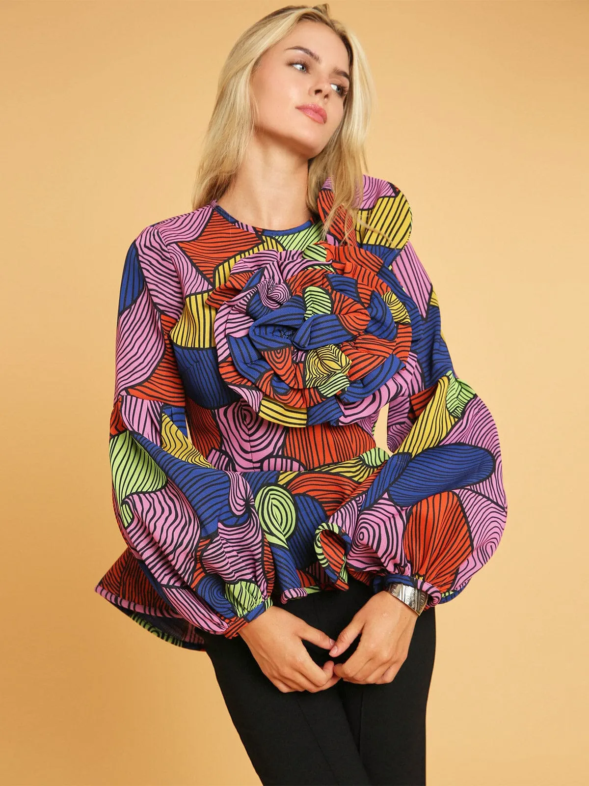 WOMEN'S LONG PUFF SLEEVE MULTI PRINT COLORBLOCK PEPLUM BLOUSE