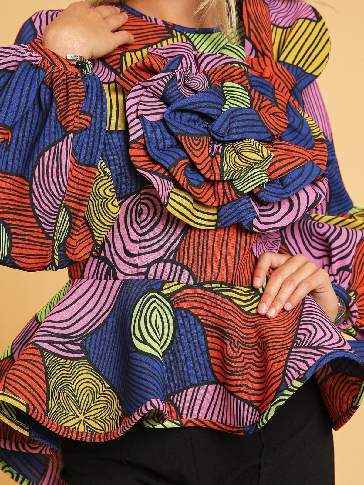 WOMEN'S LONG PUFF SLEEVE MULTI PRINT COLORBLOCK PEPLUM BLOUSE