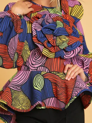 WOMEN'S LONG PUFF SLEEVE MULTI PRINT COLORBLOCK PEPLUM BLOUSE