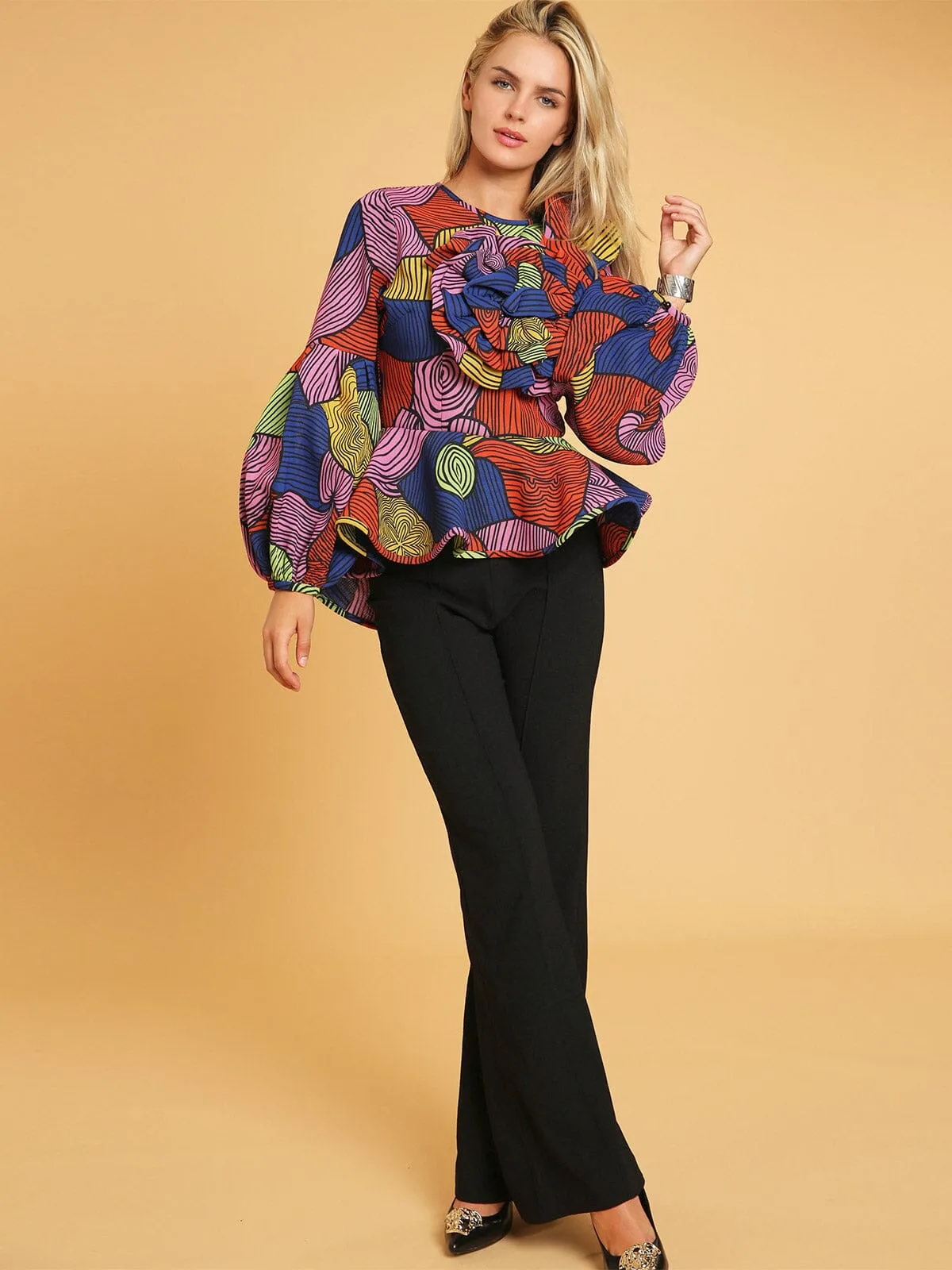 WOMEN'S LONG PUFF SLEEVE MULTI PRINT COLORBLOCK PEPLUM BLOUSE
