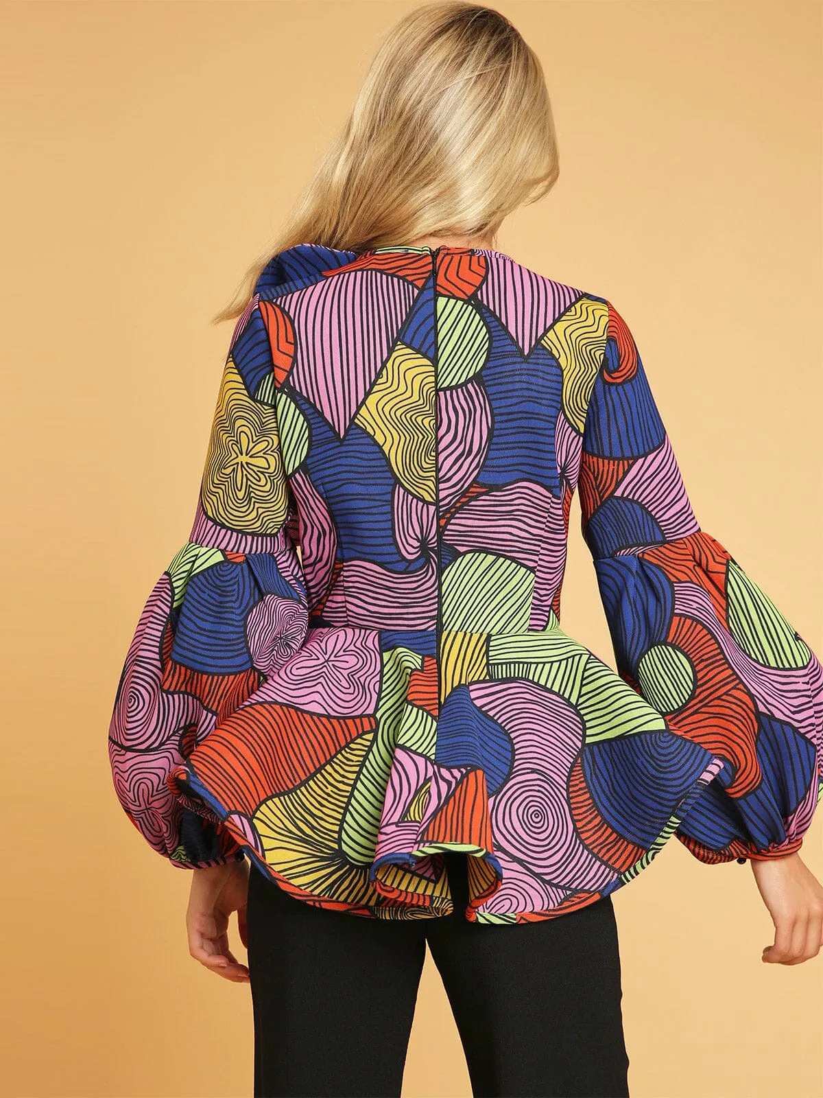 WOMEN'S LONG PUFF SLEEVE MULTI PRINT COLORBLOCK PEPLUM BLOUSE