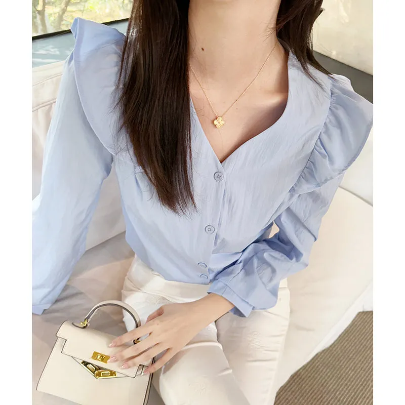 Women's Long Sleeve Button Front Blouse in Chic Blue