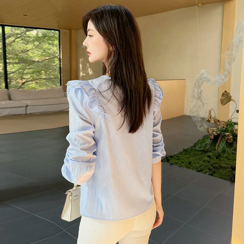 Women's Long Sleeve Button Front Blouse in Chic Blue