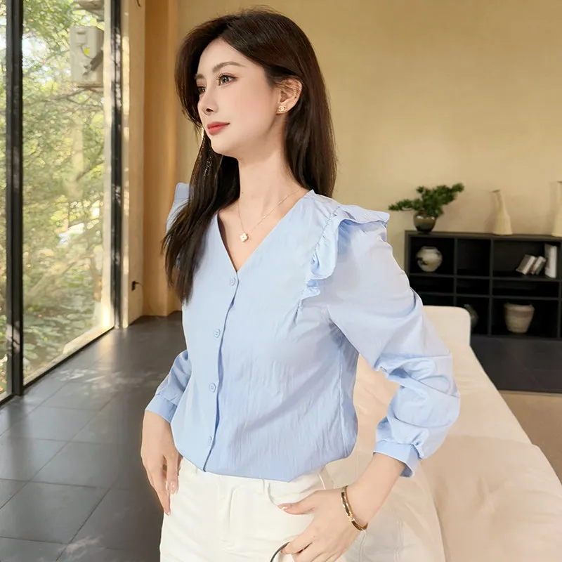Women's Long Sleeve Button Front Blouse in Chic Blue