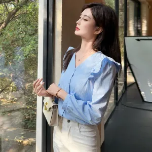 Women's Long Sleeve Button Front Blouse in Chic Blue