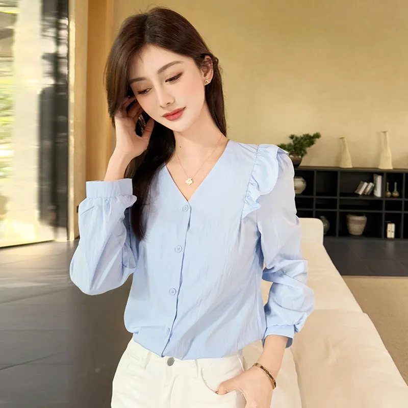 Women's Long Sleeve Button Front Blouse in Chic Blue