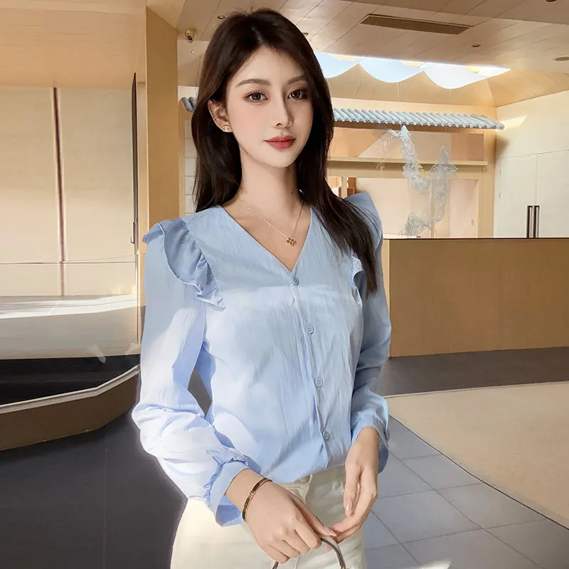Women's Long Sleeve Button Front Blouse in Chic Blue