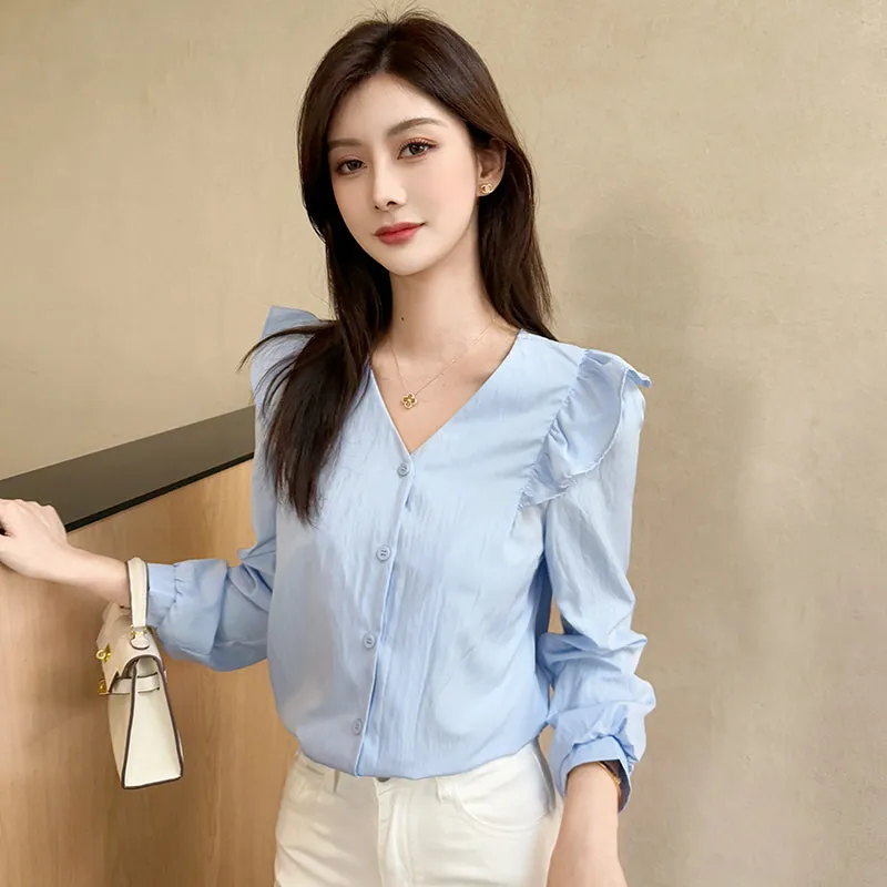 Women's Long Sleeve Button Front Blouse in Chic Blue