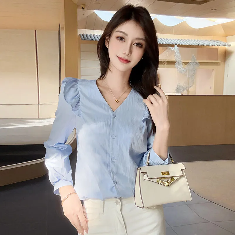 Women's Long Sleeve Button Front Blouse in Chic Blue