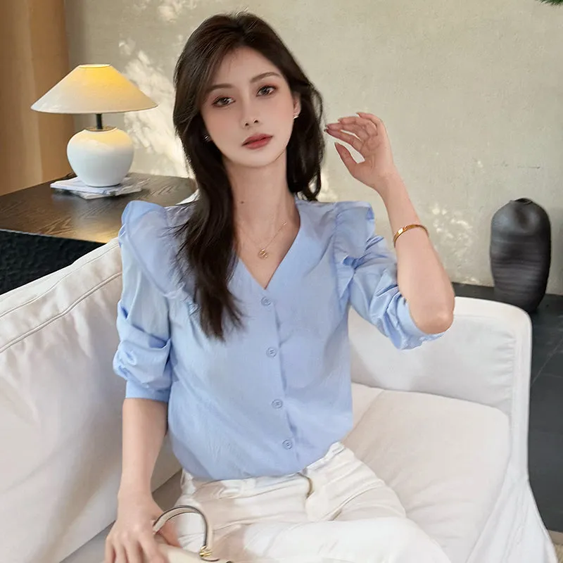 Women's Long Sleeve Button Front Blouse in Chic Blue