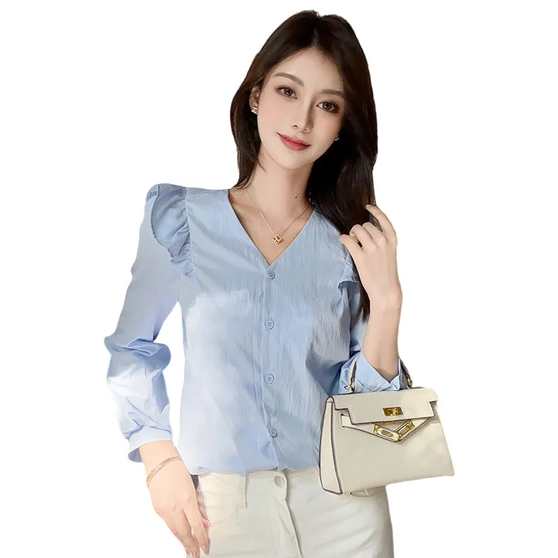 Women's Long Sleeve Button Front Blouse in Chic Blue