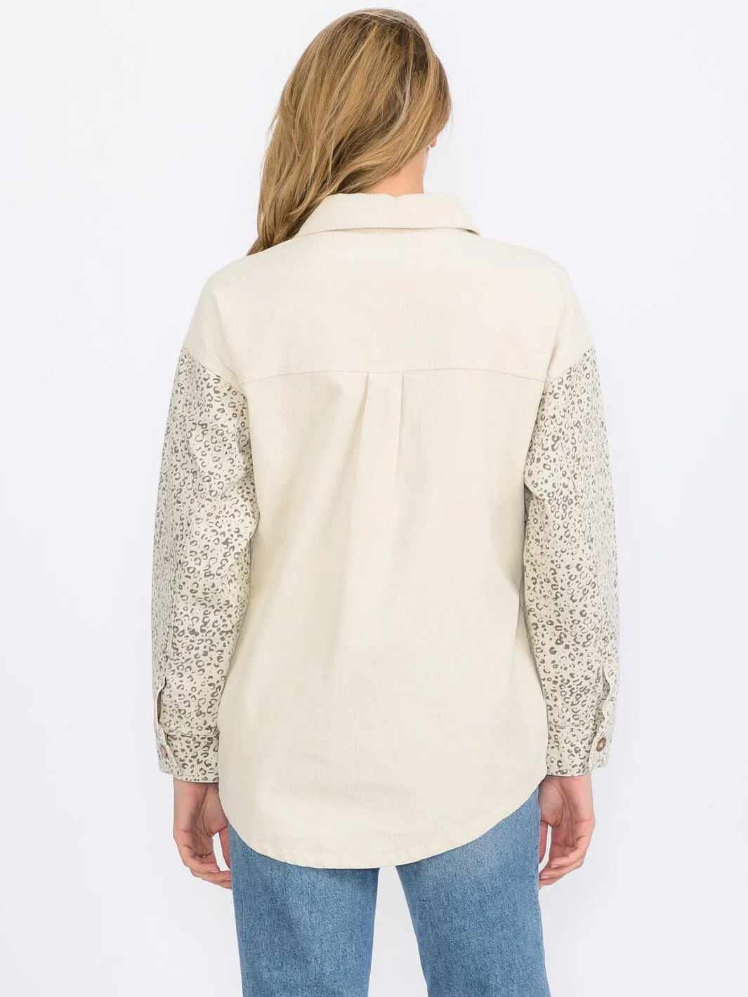 WOMEN'S LONG SLEEVE BUTTON UP FRONT POCKET ANIMAL PRINT CORDUROY SHIRT