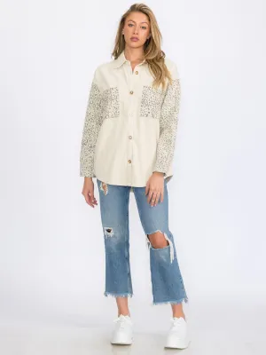 WOMEN'S LONG SLEEVE BUTTON UP FRONT POCKET ANIMAL PRINT CORDUROY SHIRT