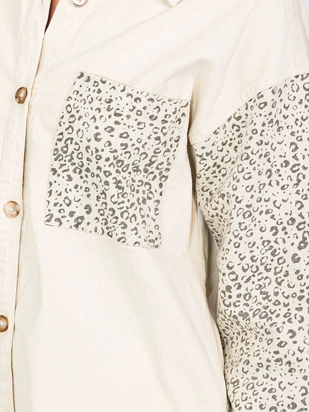 WOMEN'S LONG SLEEVE BUTTON UP FRONT POCKET ANIMAL PRINT CORDUROY SHIRT