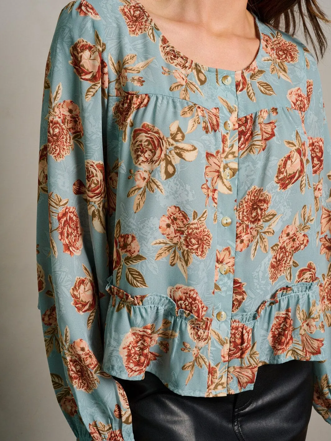 WOMEN'S LONG SLEEVE BUTTON UP LOOSE FIT FLORAL BLOUSE TOP