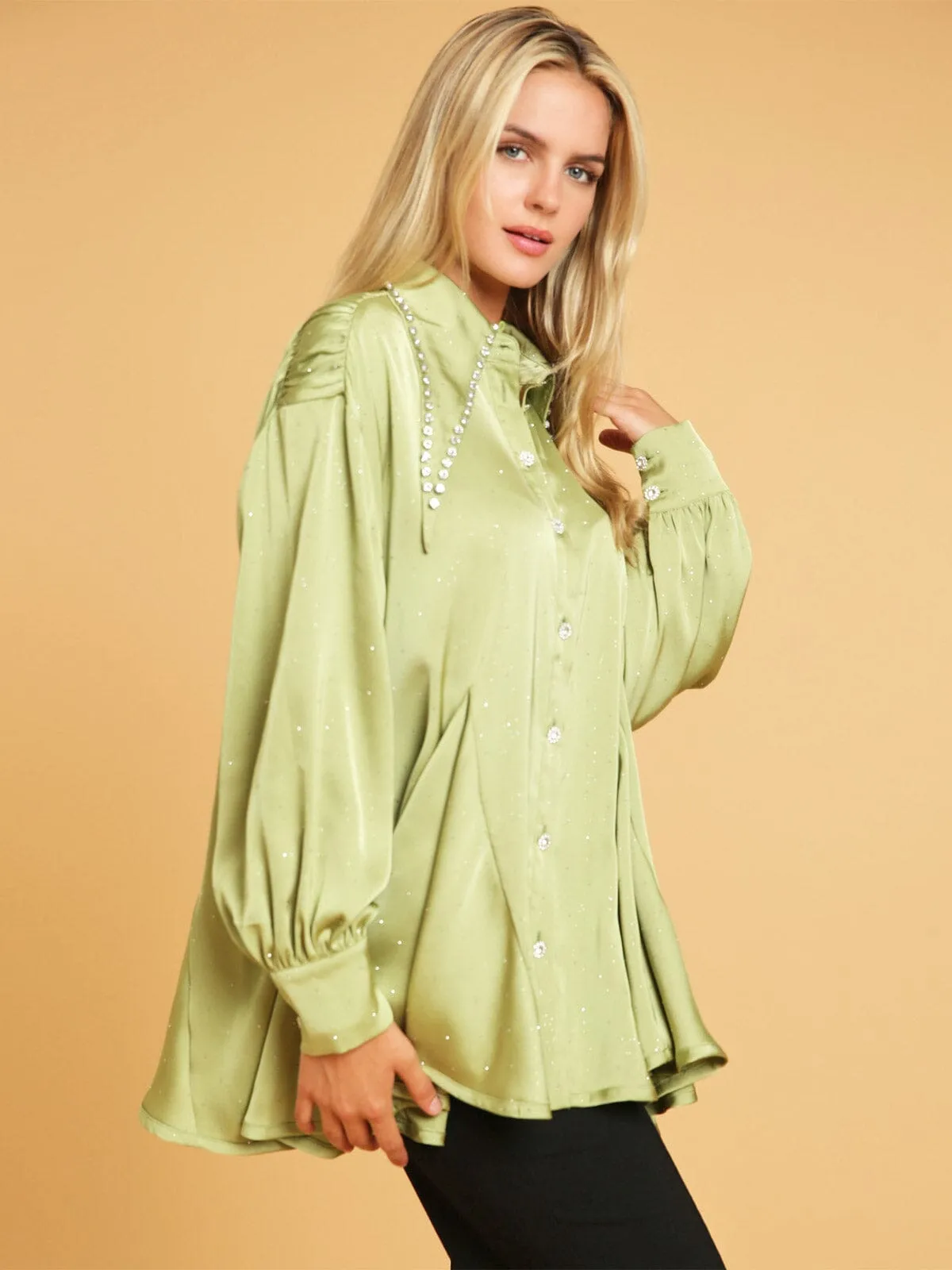 WOMEN'S LONG SLEEVE BUTTON UP STUDS DETAILED BLOUSE